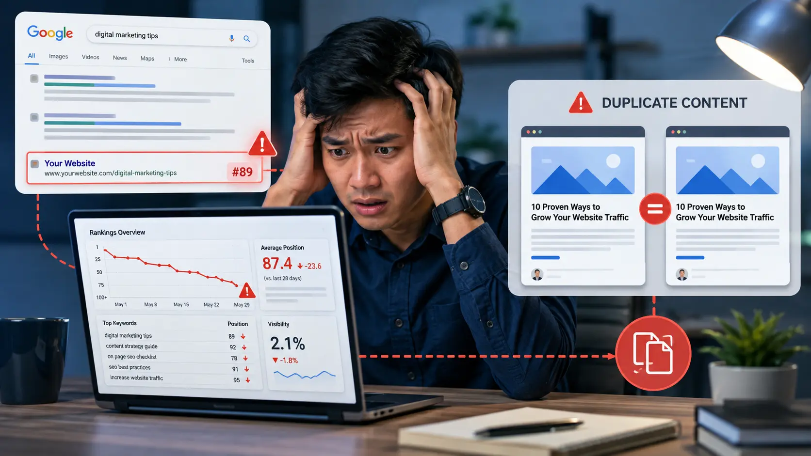 konten duplikat penyebab SEO website tidak ranking