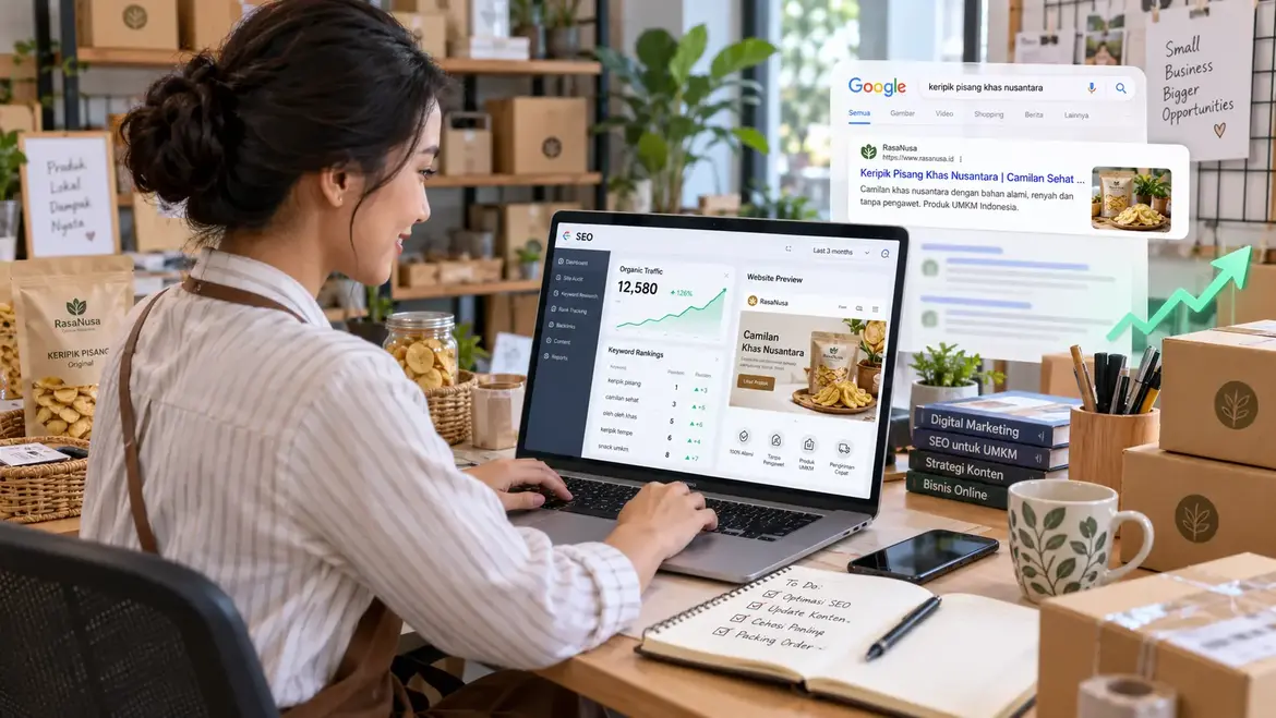 Pemilik UMKM melakukan optimasi SEO website bisnis untuk meningkatkan visibilitas di Google
