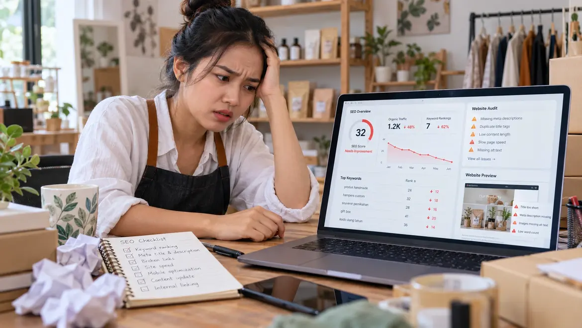 Pemilik UMKM mengevaluasi kesalahan optimasi SEO website bisnis