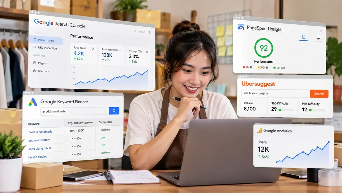 Pemilik UMKM menggunakan tools SEO gratis untuk menganalisis performa dan meningkatkan visibilitas website bisnis