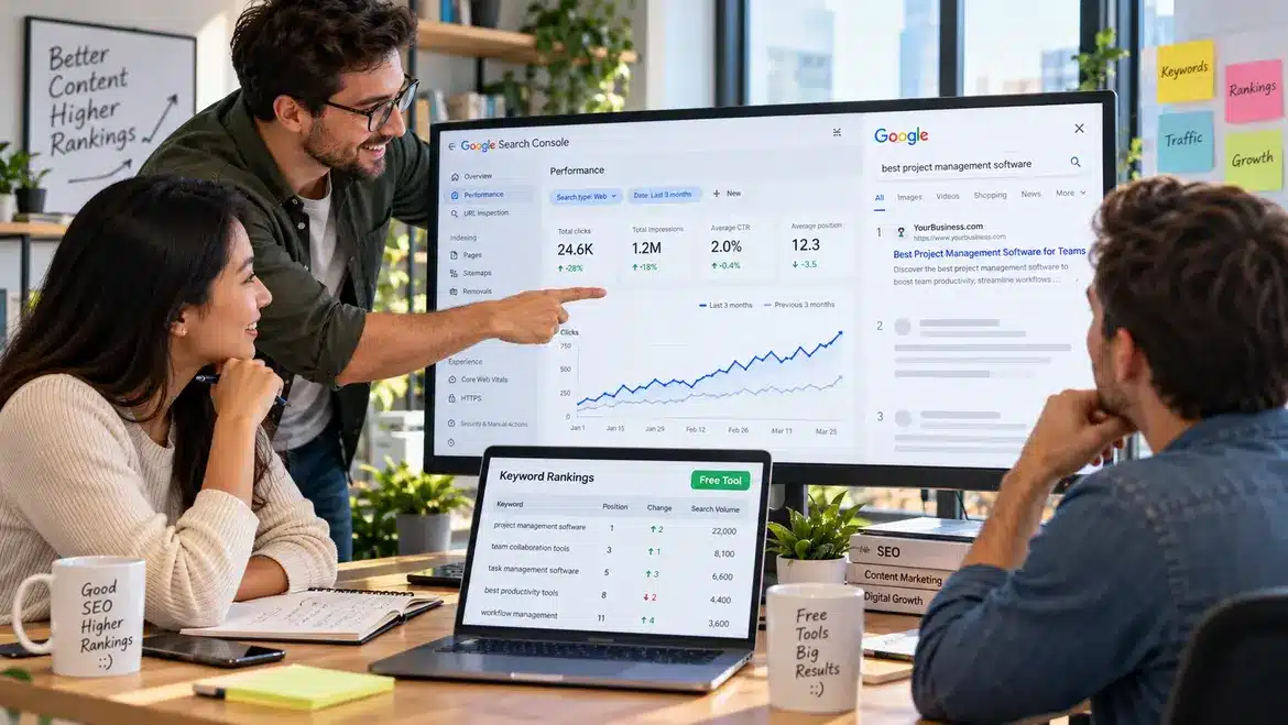 Tim digital marketing melakukan cek ranking website tanpa bayar untuk memantau posisi website bisnis di Google