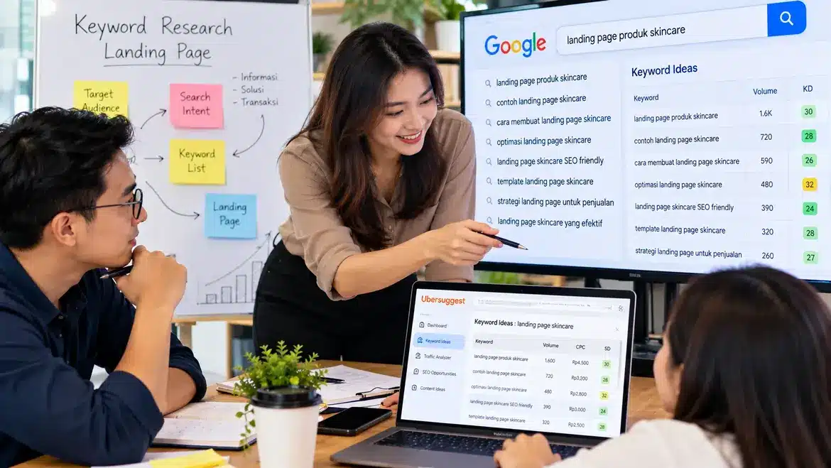 Tim digital marketing melakukan keyword research khusus landing page untuk meningkatkan penjualan