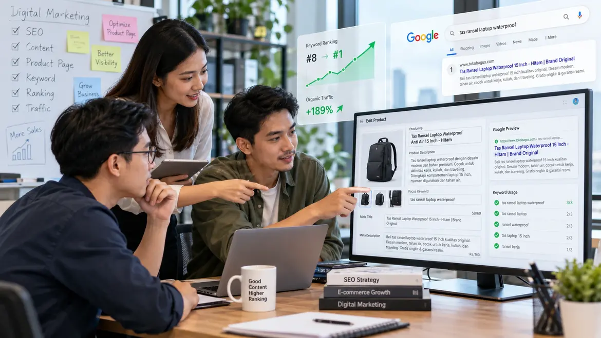 Tim digital marketing melakukan optimasi halaman produk pada website bisnis untuk meningkatkan visibilitas di pencarian Google