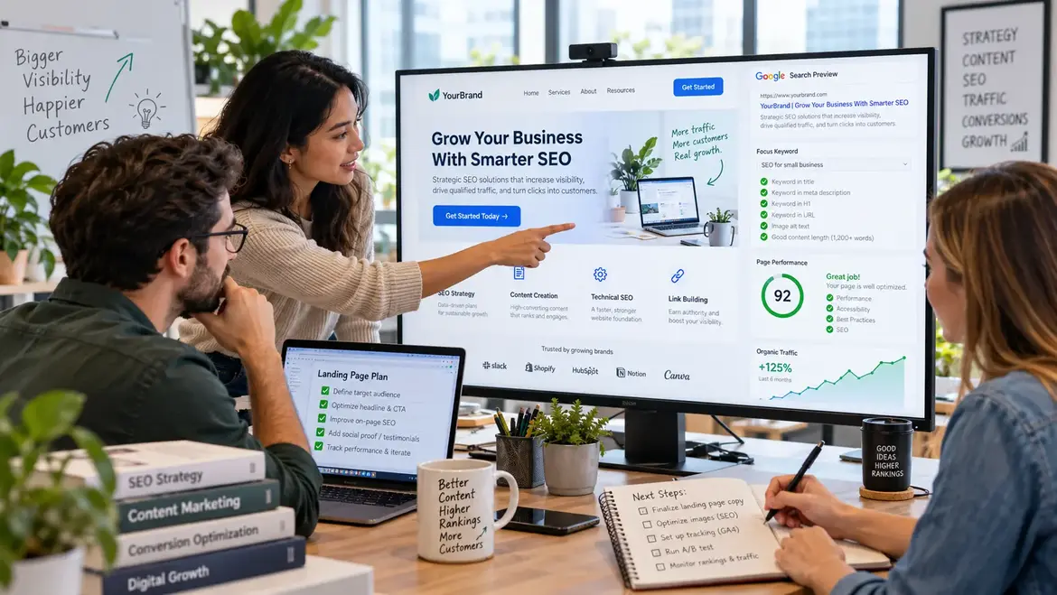 Tim digital marketing membuat landing page SEO friendly untuk meningkatkan visibilitas