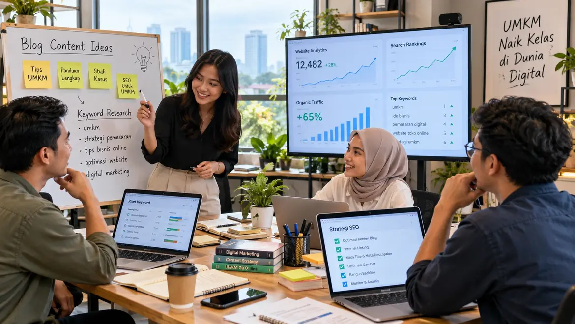 Tim digital marketing menyusun ide konten blog yang membantu optimisasi SEO website UMKM untuk meningkatkan visibilitas