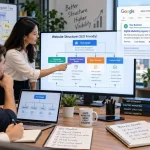 Tim digital marketing menyusun struktur website yang SEO friendly untuk meningkatkan visibilitas bisnis di Google