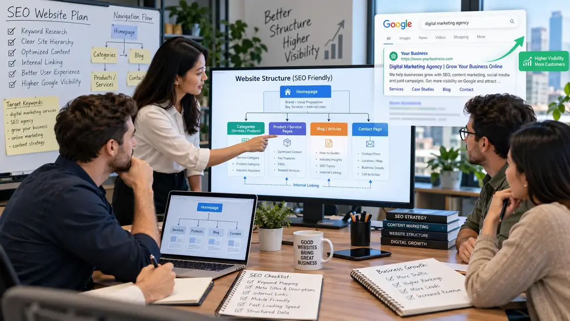 Tim digital marketing menyusun struktur website yang SEO friendly untuk meningkatkan visibilitas bisnis di Google